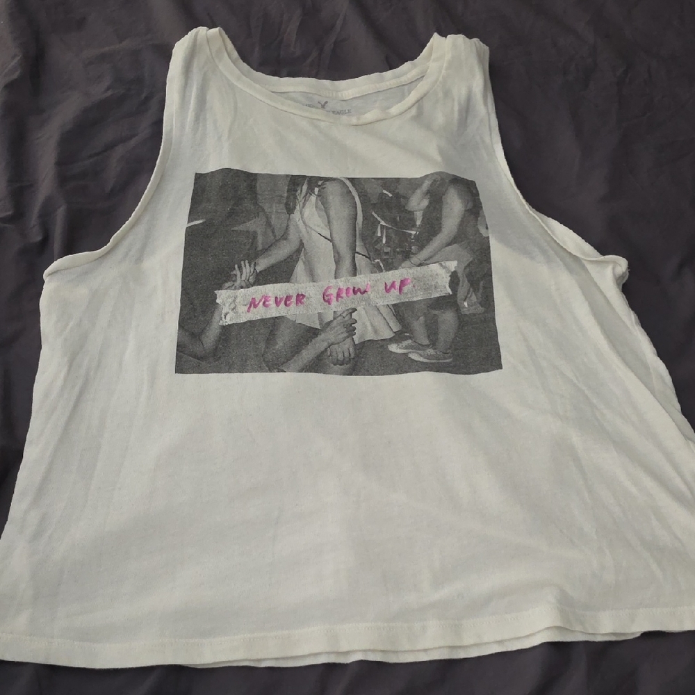 American Eagle Outfitters White Graphic Muscle Tee